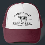 Custom Vintage Farmhouse Style Feed Trucker Hat<br><div class="desc">Classic typography and a vintage dairy cow etching help to create your own vintage feed and seed farm style logo trucker hat. Personalise the arched name text,  the year and location for a truly one of a kind gift to the serious or hobby farmer in your life.</div>