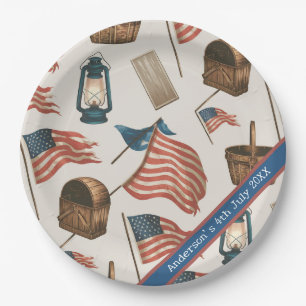 Custom Vintage Flag Lantern Rustic 4th July Paper Plate