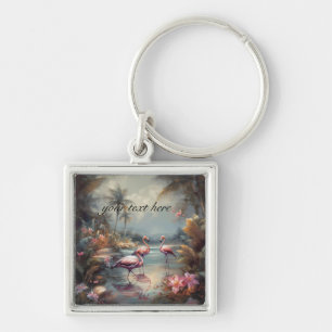 Custom Vintage Flamingo Tropical Lagoon Art Key Ring