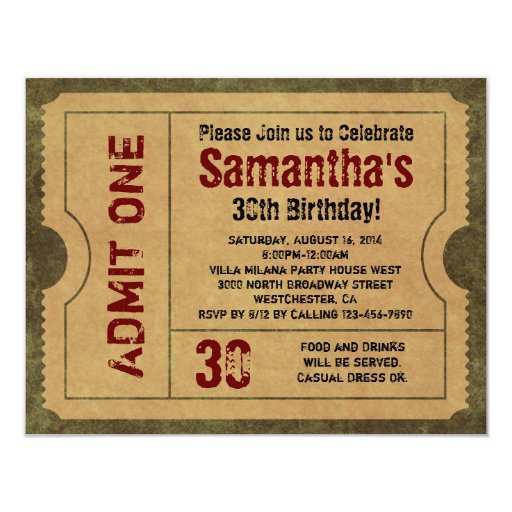 custom vintage gold admit one ticket invitations zazzle