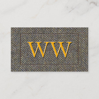 Custom Vintage Herringbone Tweed and Gold Monogram Business Card