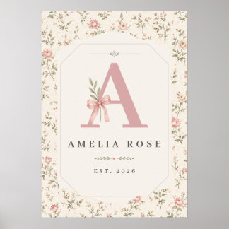 Custom vintage initial wall art print for nursery