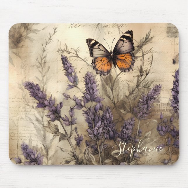 Custom Vintage Lavender Butterfly Illustration Mouse Pad (Front)