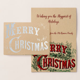 Custom Vintage Merry Christmas with Holly Leaves Foil Card