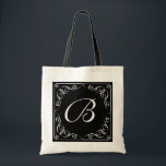 Custom vintage monogram letter wedding tote bag<br><div class="desc">Custom vintage monogram letter wedding wedding tote bag with swirls. Classy black and white retro design with elegant script typography and swirly corners. Personalise with name or monogram of bride, bridesmaid, maid of honour, mother of the bride, flower girl etc. Also perfect for classic wedding favours. Stylish monogrammed wedding logo...</div>