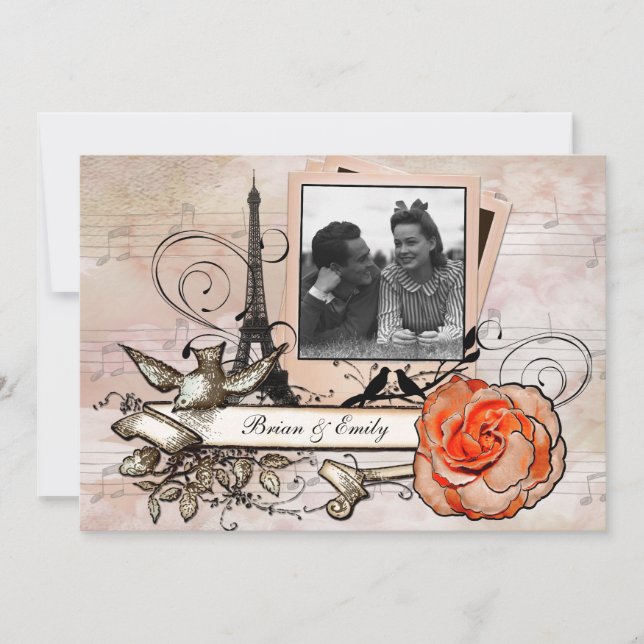 Custom vintage Paris PHOTO wedding invitations (Front)