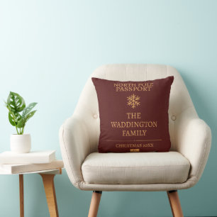 Custom Vintage Passport Style Gold Red Christmas Cushion
