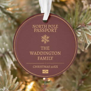 Custom Vintage Passport Style Gold Red Christmas Ornament