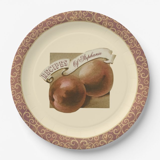 Custom Vintage Peaches Elegant Retro Recipes Paper Plate (Front)