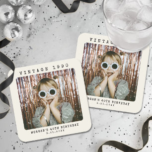 Custom Vintage Retro Photo Birthday Square Paper Coaster
