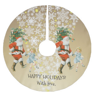 Custom Vintage Santa Christmas Gold Snowflakes Brushed Polyester Tree Skirt