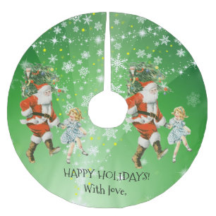 Custom Vintage Santa Christmas Green Snowflakes Brushed Polyester Tree Skirt