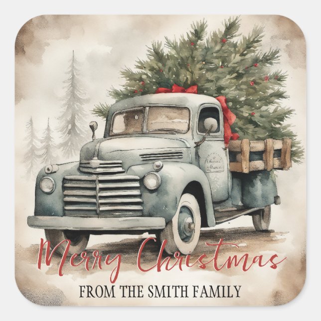 Custom Vintage Truck Merry Christmas Square Sticker (Front)