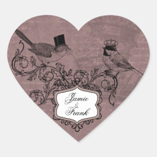 Custom Vintage Wedding Love Birds Heart Stickers