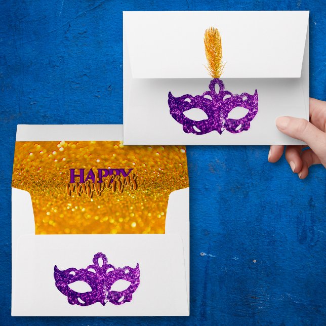 Custom Violet and Orange Sparkles Mask Mardi Gras Envelope (Creator Uploaded)