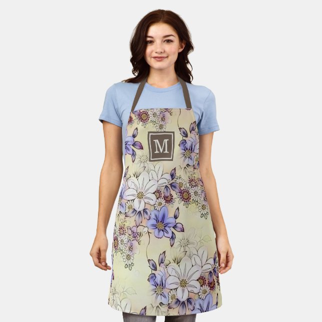 Custom Violet Purple Pink Dark Red Flower Pattern Apron (Worn)