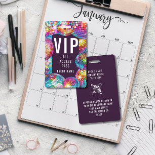 Custom VIP All Access Pass QR Code Disco Ball ID Badge