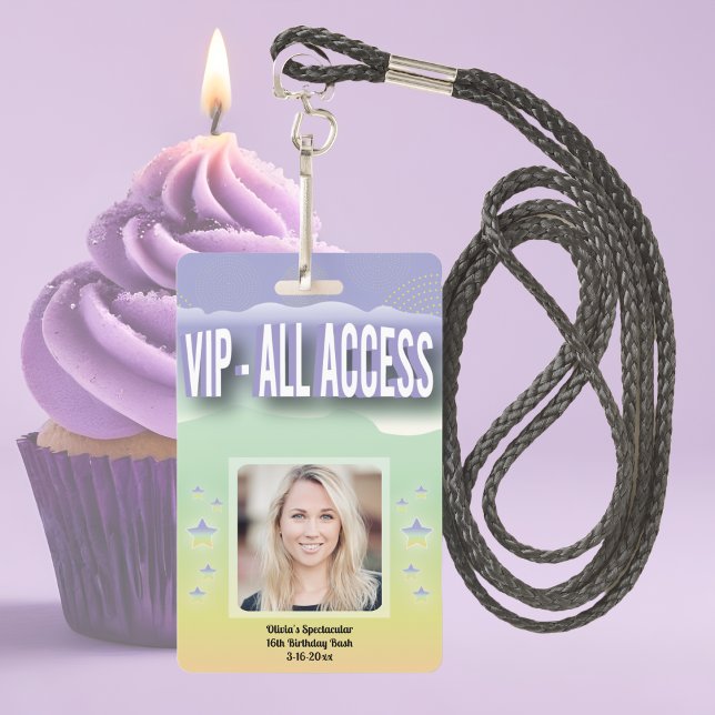 Custom VIP All Access Sweet Sixteen ID Badge (Unique VIP ALL ACCESS backstage ticket holder concert photo pass. Features birthday girls photo. FUN)
