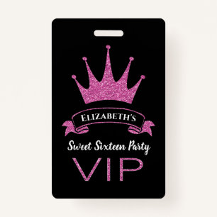 Custom VIP Pink Glitter Girly Sweet Sixteen ID Badge