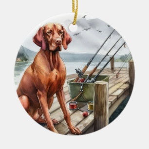 Custom Vizsla Dog Memorial-Fishing in Heaven Ceramic Ornament