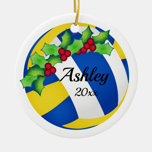 Custom Volleyball Christmas Ornament Blue - Yellow (Front)