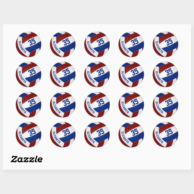 custom volleyball player name maroon blue classic round sticker (Sheet)