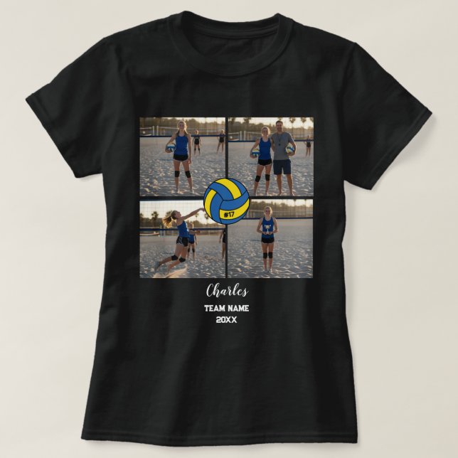 Custom Volleyball Player Photo Collage with Name T-Shirt (Design Front)
