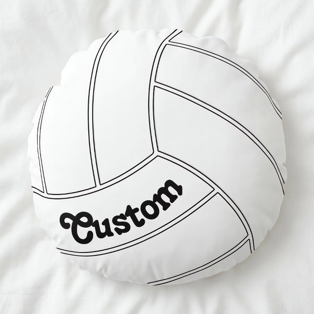 Custom Volleyball Round Decorative Throw Pillow (Customizable round volleyball pillow on white duvet.)