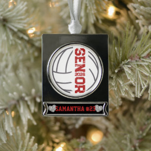 Custom Volleyball Senior Year Distressed Number Silver Plated Banner Ornament