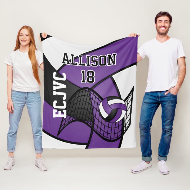Custom Volleyball 🏐 Sport-Purple, White & Black Fleece Blanket (In Situ)