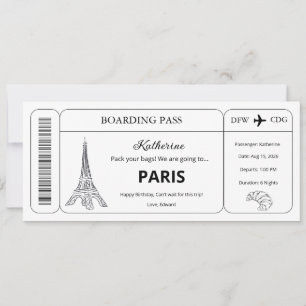 Custom Voucher, Paris Trip Boarding Pass Ticket Invitation
