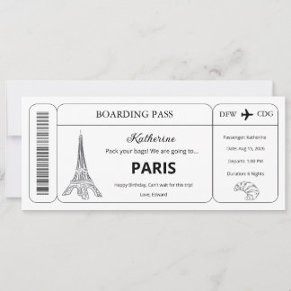 Custom Voucher, Paris Trip Boarding Pass Ticket Invitation