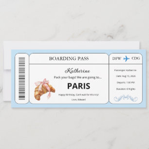 Custom Voucher, Paris Trip Boarding Pass Ticket Invitation