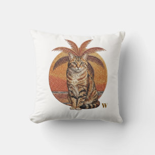 Custom "W" Embroidered Cat & Palm Tree Sunset  Cushion
