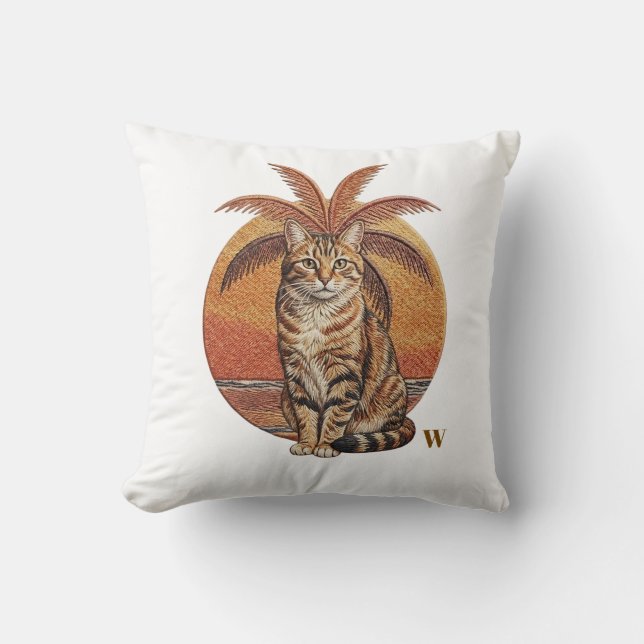 Custom "W" Embroidered Cat & Palm Tree Sunset  Cushion (Front)