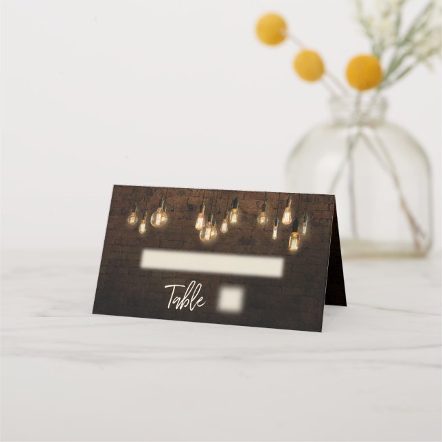 Custom w/ Industrial Bricks, Edison Lights Place Card (Front)