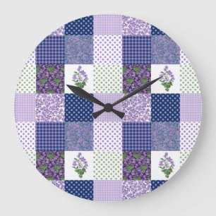 Custom Wall Clock, Faux-patchwork Violets Patterns Large Clock
