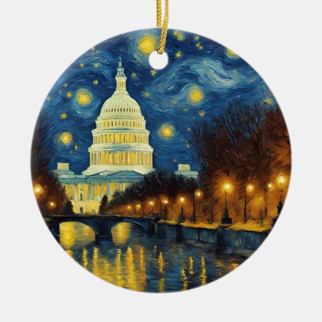 Custom Washington DC Dated Starry Night Ceramic Ornament (Front)