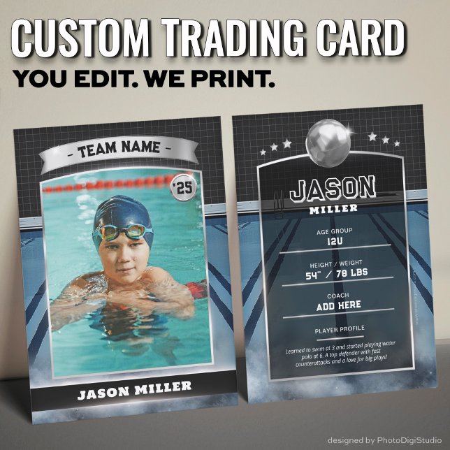 Custom Water Polo Trading Card Blue Silver Card (Custom Water Polo Trading Card, Modern Swimmer Trading Card Blue Gold)