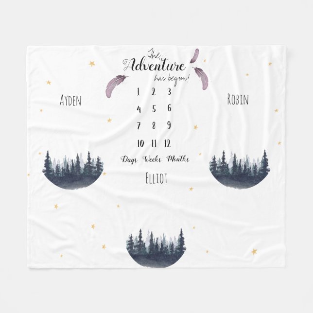 Custom Watercolor adventure triplets milestone Fleece Blanket (Front (Horizontal))