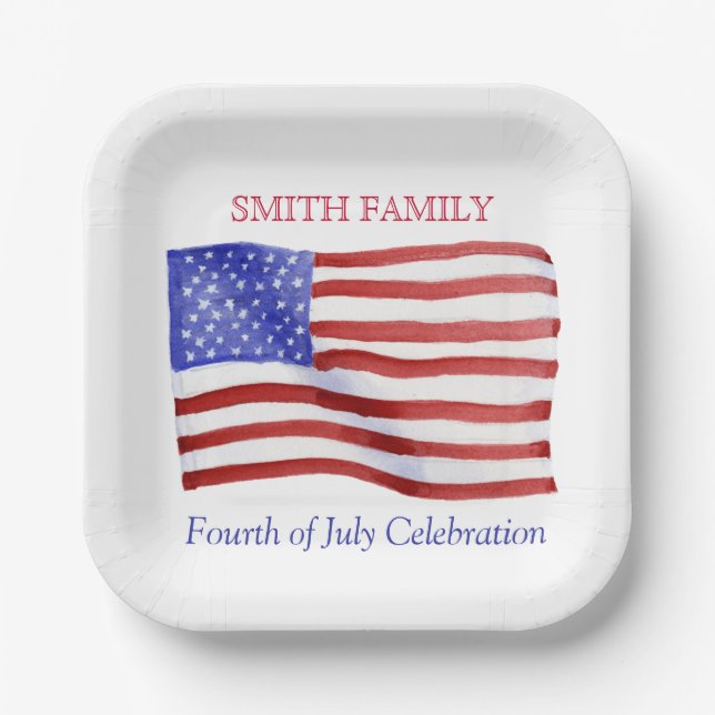 Custom Watercolor American Flag Paper Plate (Front)
