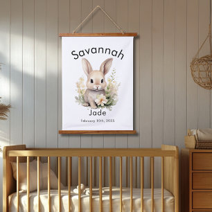 Custom Watercolor Baby Bunny Name & Birthdate Wall Hanging Tapestry