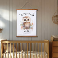 Custom Watercolor Baby Owl Name & Birthdate Wall