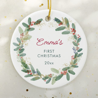 Custom Watercolor Baby's First Christmas Ceramic Ornament
