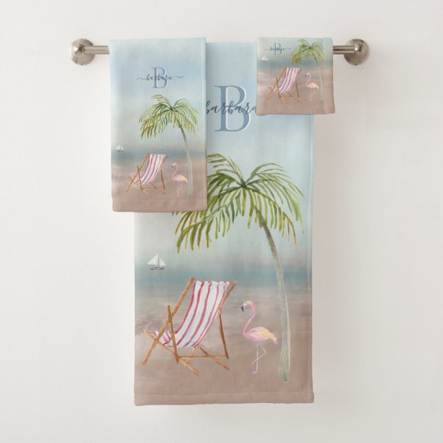 Custom Watercolor Beach Scene Monogram Name Bath Towel Set (Insitu)