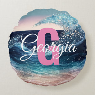 Custom Watercolor Blue Ocean Wave Funny Monogram Round Cushion