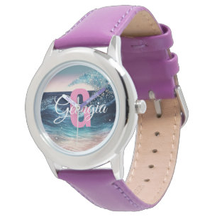 Custom Watercolor Blue Ocean Wave Funny Monogram Watch