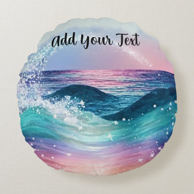 Custom Watercolor Blue Ocean Wave Photo with Name Round Cushion (Front)