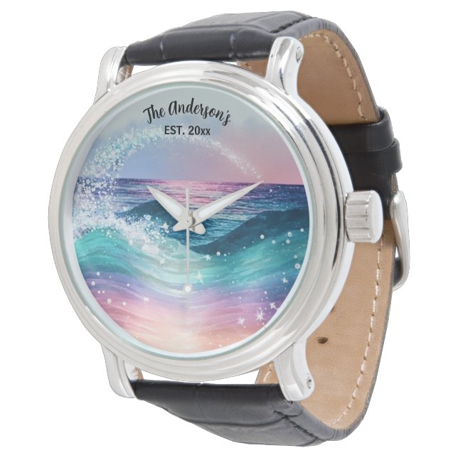 Custom Watercolor Blue Ocean Wave Photo with Name Watch (Angled)
