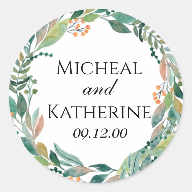 Custom Watercolor Botanical Wreath Classic Round Sticker (Front)